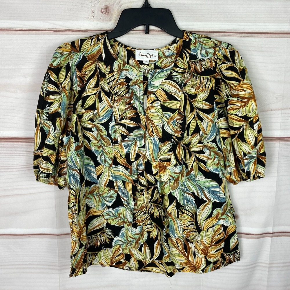 Panama‎ Jack Top Womens S Black Yellow Floral Blouse Linen Blend Keyhole Neck